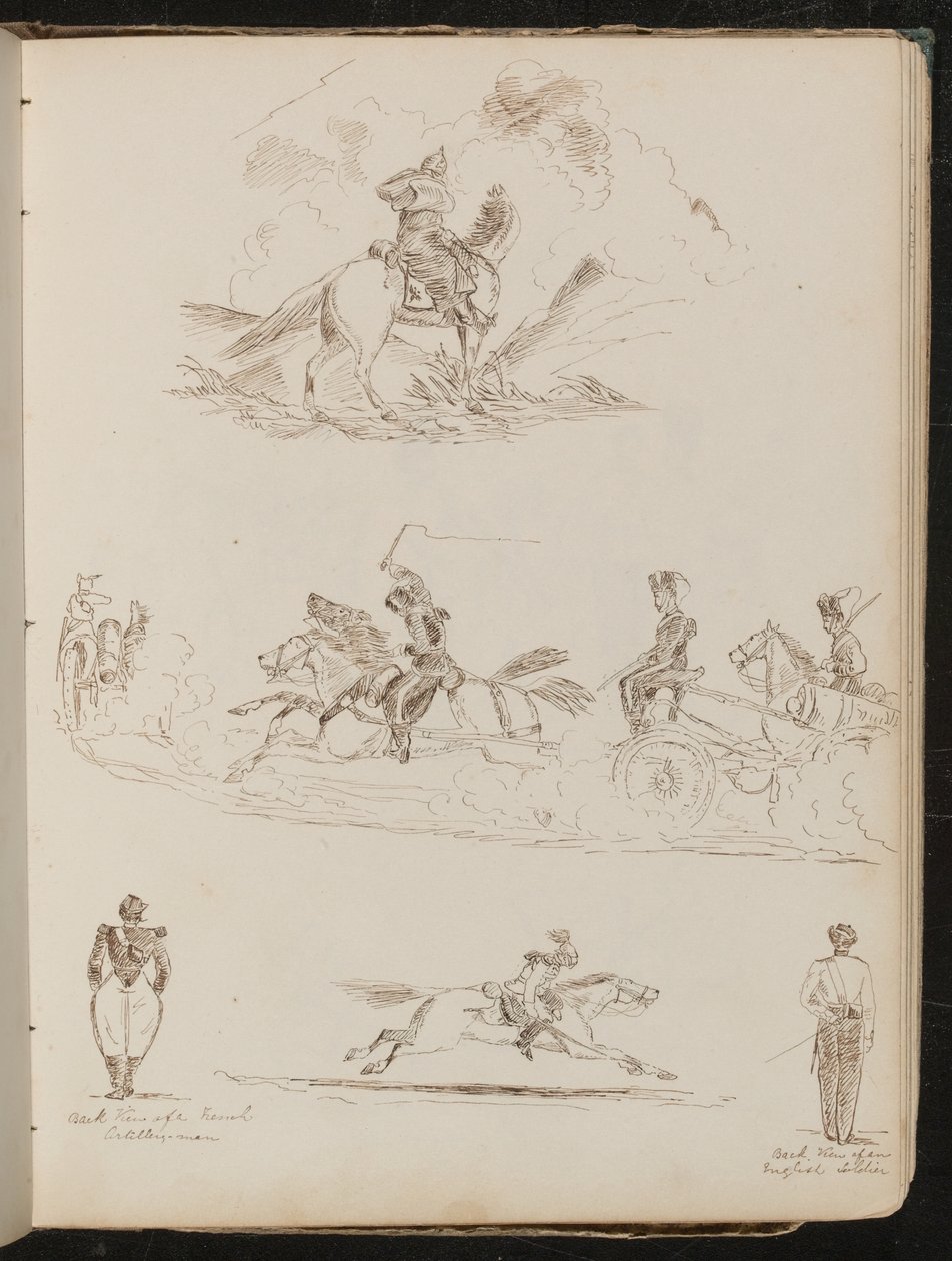 Estudo de soldados em cavalos puxando canhões, duas vistas de homens de artilharia, um soldado em traje de gala montado em um cavalo a galope de Lady Butler
