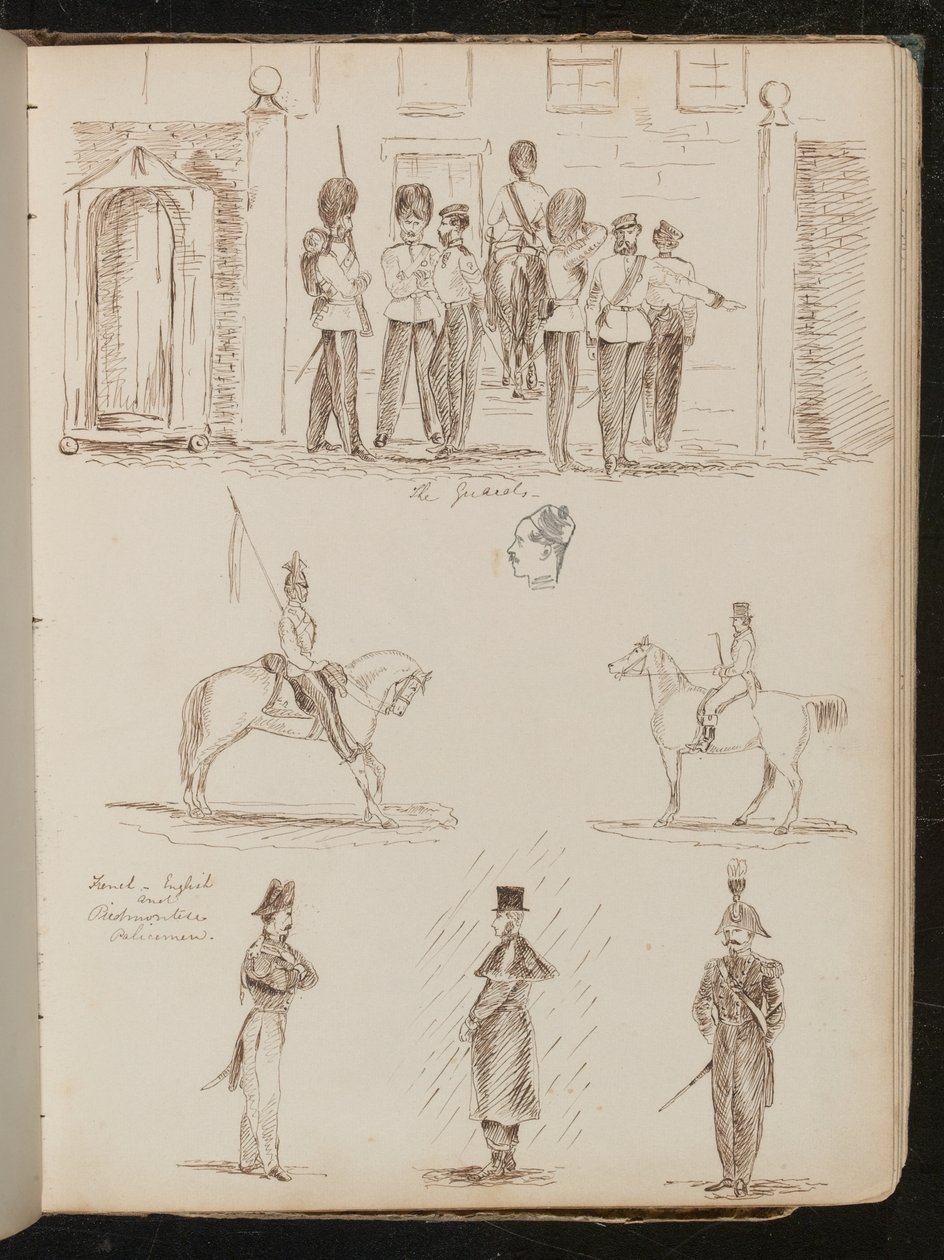 Estudo dos "guardas", dois estudos de soldados a cavalo, três estudos de policiais franceses, ingleses e piemonteses de Lady Butler