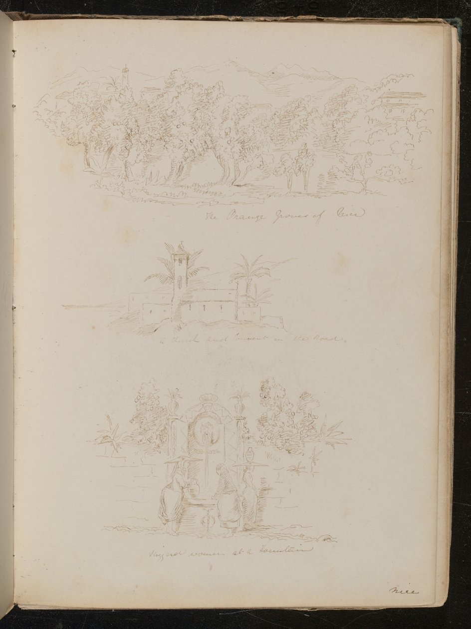 Estudo das "Laranjeiras de Nice", estudo arquitetônico de "uma igreja e convento na estrada", estudo das "Mulheres Nizzard em uma fonte de Lady Butler