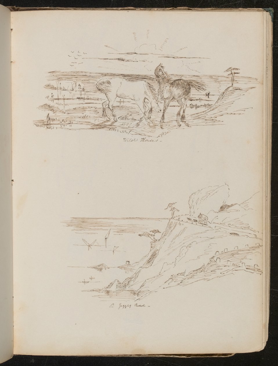 Estudo de dois cavalos na paisagem com a inscrição "Cavalos Selvagens", estudo da paisagem costeira e a face do penhasco com a inscrição "uma estrada em ziguezague" de Lady Butler