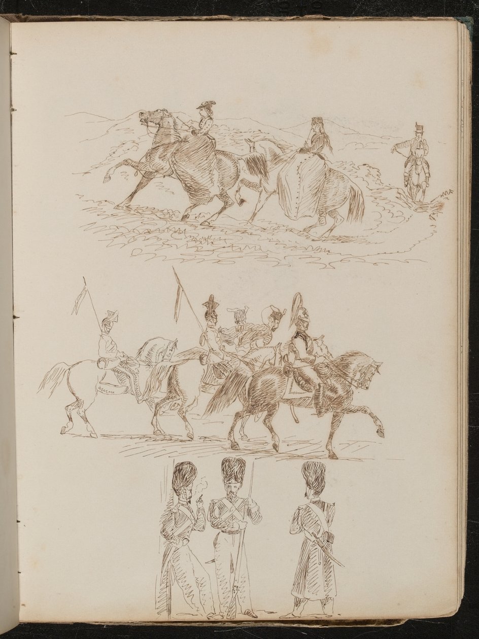Estudo de duas mulheres e um homem cavalgando em uma paisagem montanhosa, estudo de soldados a cavalo, estudo de três guardas conversando de Lady Butler