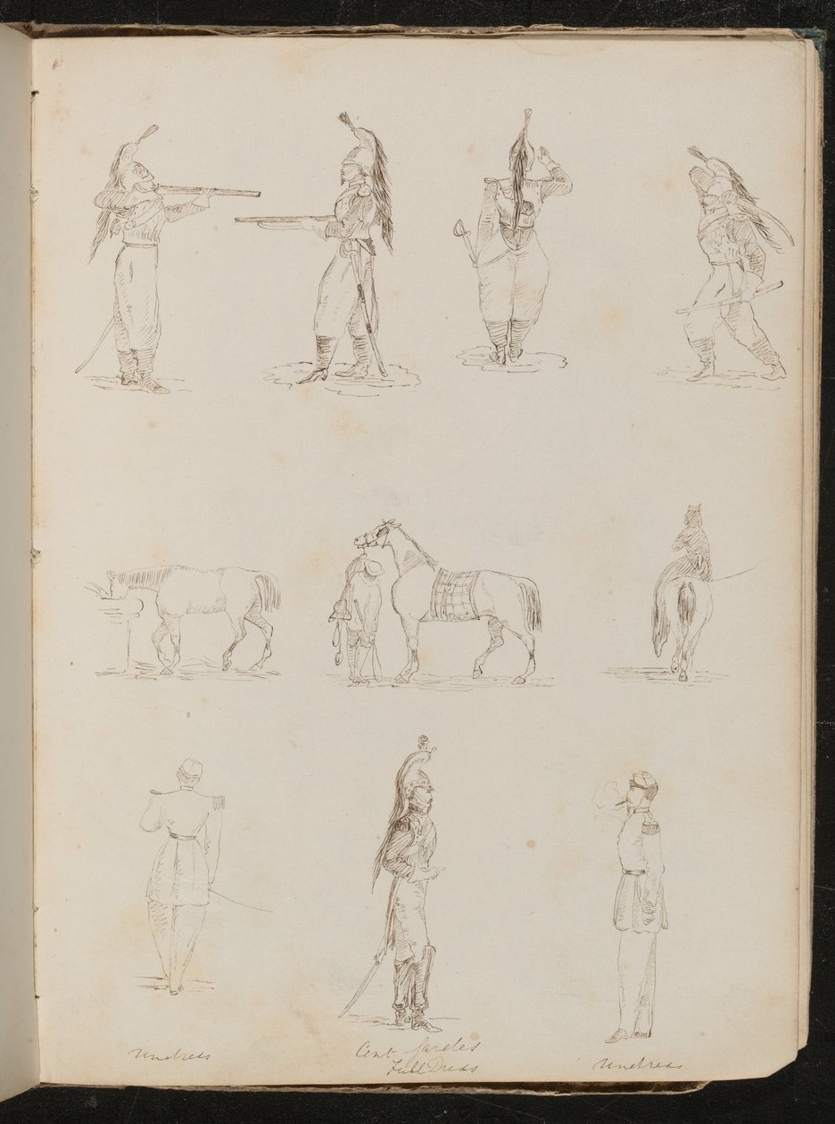 Dez estudos de soldados, cavalos, mulher montando sela lateral de Lady Butler