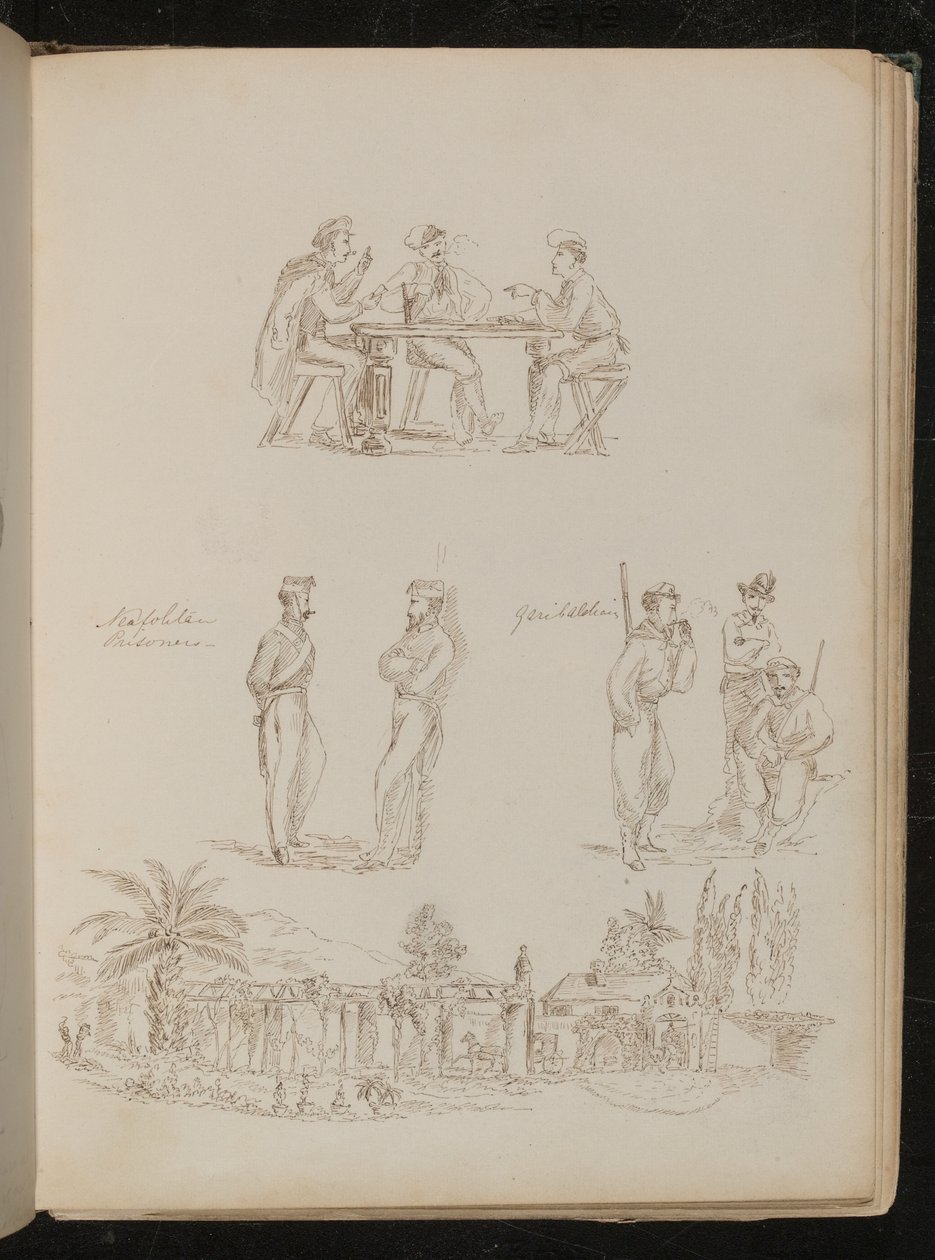 Três soldados jogando cartas, dois "Prisioneiros Neopolitanos" conversando, três "Garibaldianos" à vontade e fumando, uma vila genovesa de Lady Butler