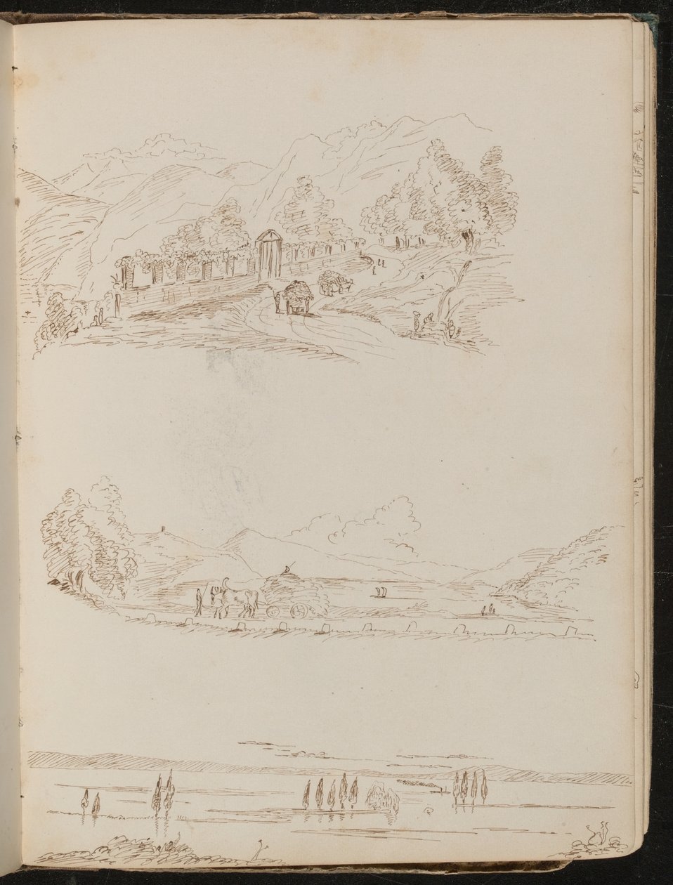 Três estudos de cenas de campo com moradias, cavalos puxando carroça e corpo d&39;água de Lady Butler