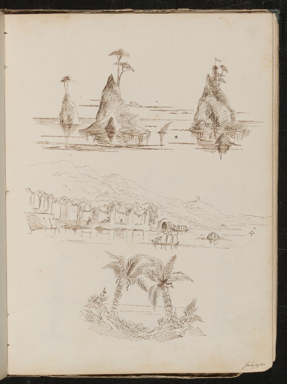 Três estudos de ilhas rochosas, uma paisagem aquática com pessoas e barcos e palmeiras de Lady Butler