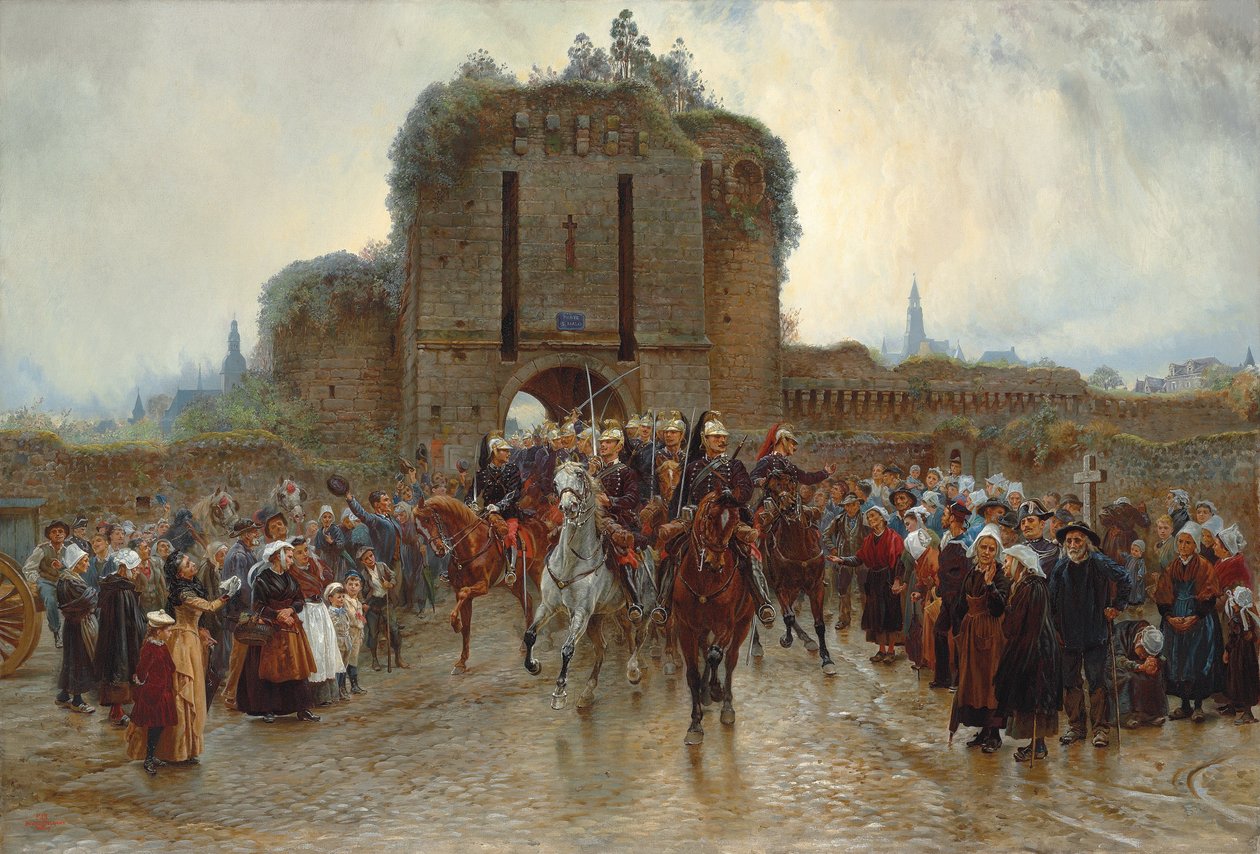 À frente: cavalaria francesa deixando uma cidade bretã na declaração de guerra, 1888-89 de Lady Butler