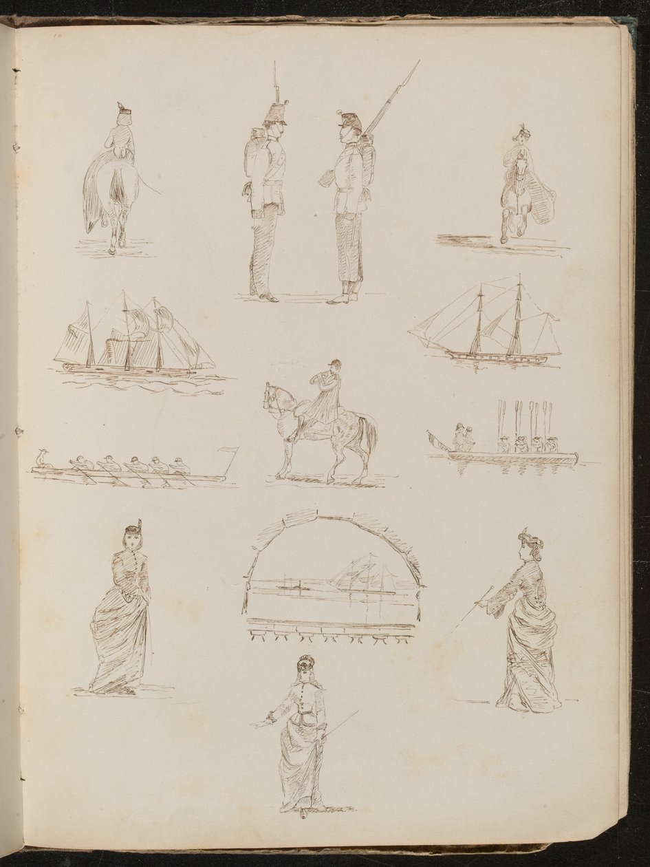 Doze estudos mostrando mulher montada na sela, soldados conversando, navios, corneteiro a cavalo de Lady Butler