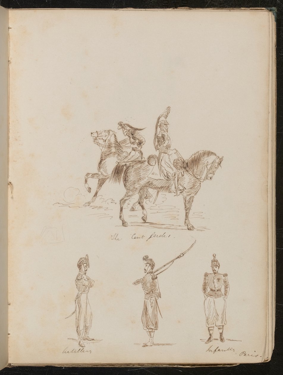 Dois soldados a cavalo com a inscrição "The Cert gardes", estudos de soldados de artilharia e infantaria de Lady Butler