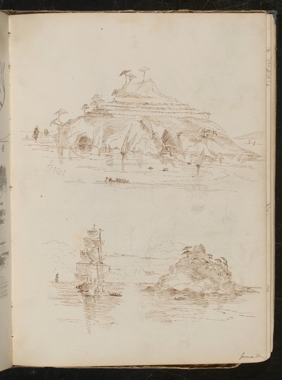 Dois estudos de ilha rochosa, estudo de barco, datado de "30 de junho de Lady Butler