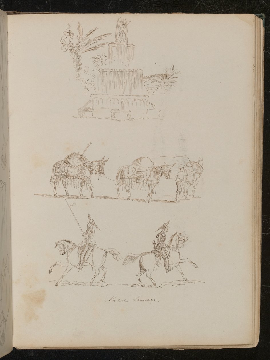 Fonte de água na folhagem, estudo de três cavalos de carga unidos, estudo de dois soldados a cavalo com a inscrição "Lanceiros de Novare" de Lady Butler
