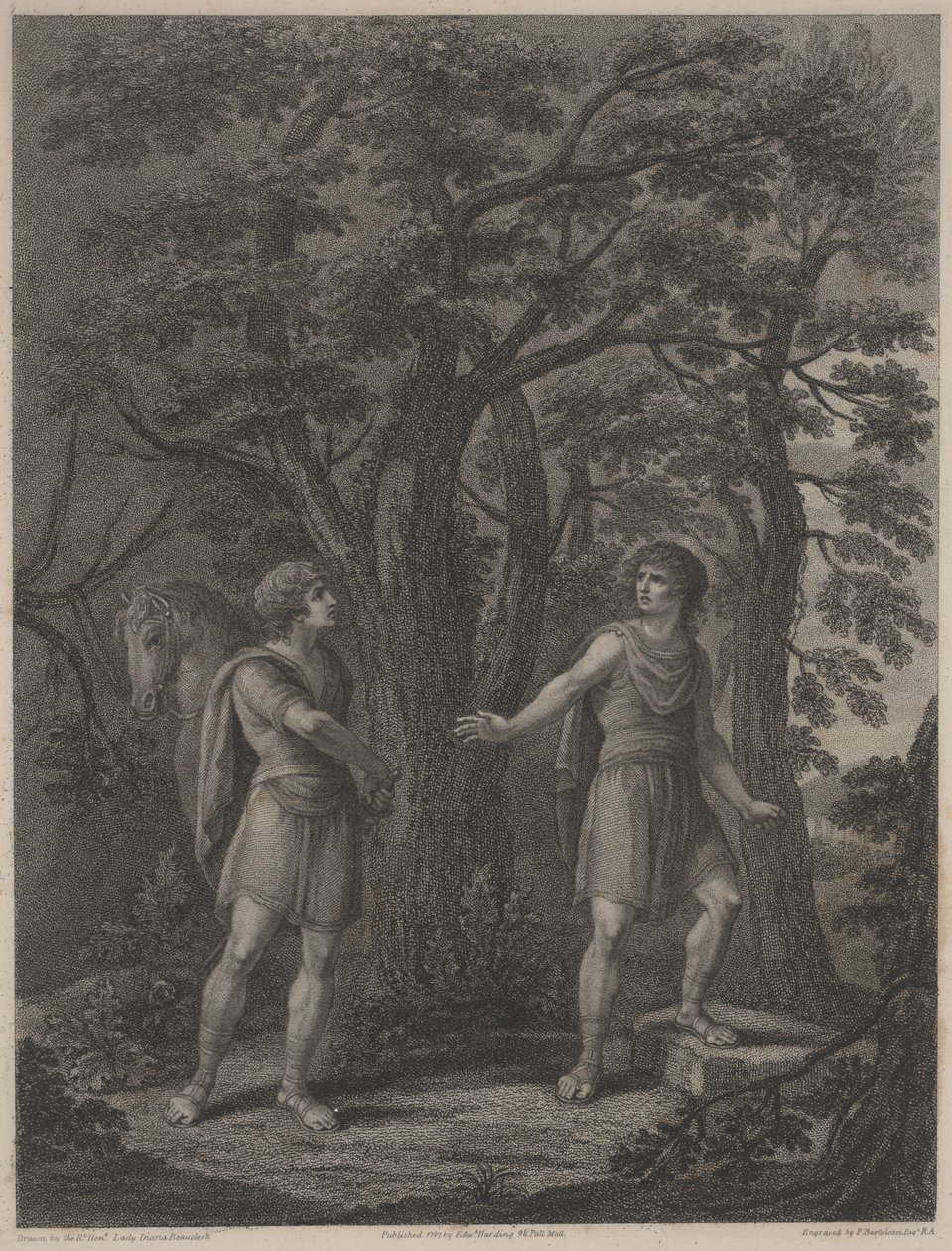 Ilustração de "Palamon and Arcite", impressão feita por Francesco Bartolozzi 1797 (gravura pontilhada) de Lady Diana (after) Beauclerk