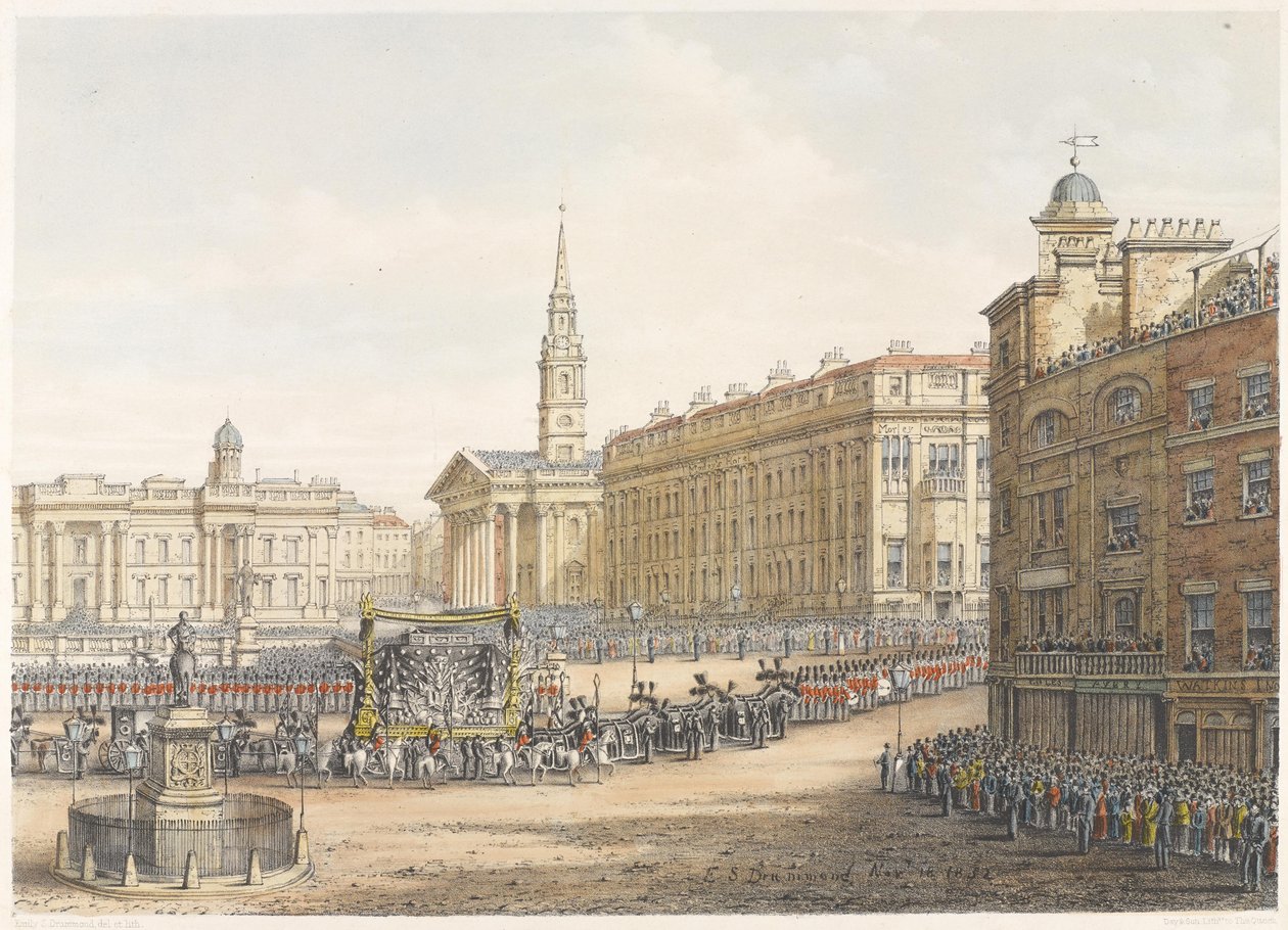 O carro funerário e procissão no Funeral do Duque de Wellington passando pela Mansion House 18 de novembro de 1852 de Lady Emily Drummond
