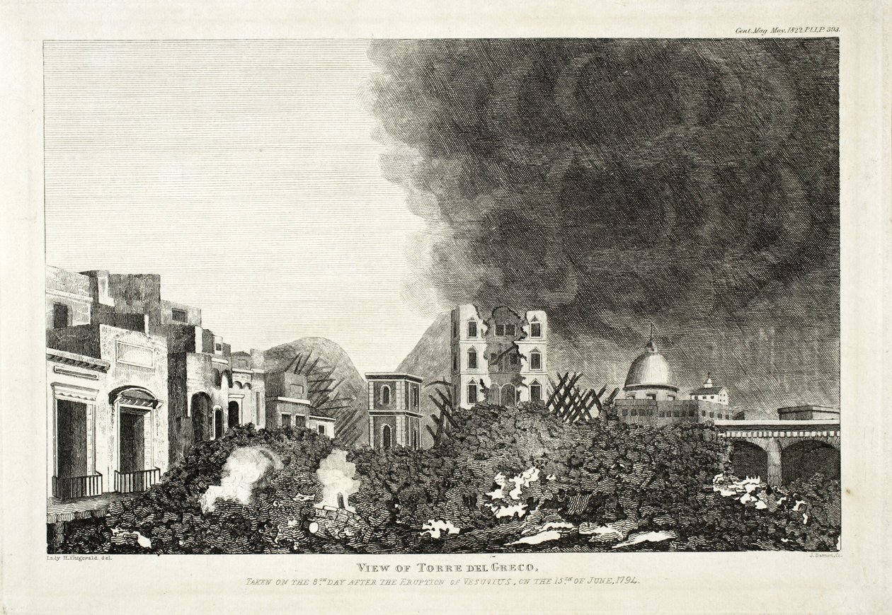Vista de Torro del Greco: Tomada no dia 8 após a erupção do Vesúvio, 15 de junho de 1794, 1822 (gravura e gravura) de Lady H. Fitzgerald