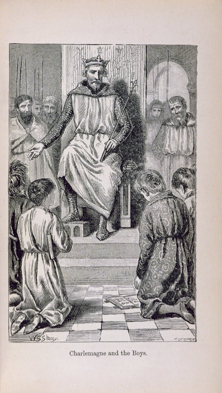 Carlos Magno (742-814) e os meninos, ilustração da "História da França de Little Arthur: do mais primitivo dos tempos à queda do segundo império", publicada em 1899 de Lady M. Chalcott