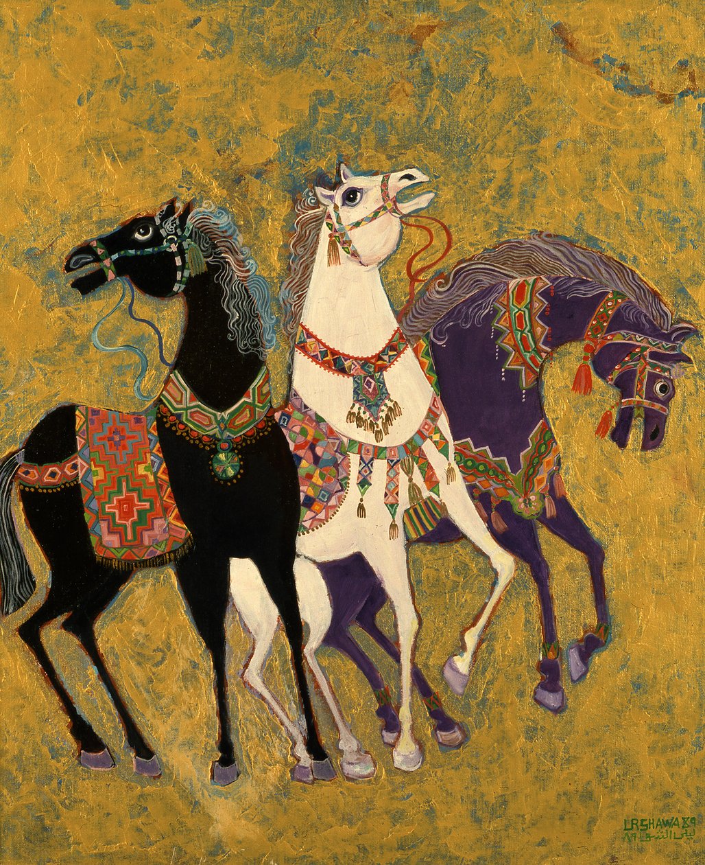 3 cavalos, 1975 (acrílico a bordo) de Laila Shawa