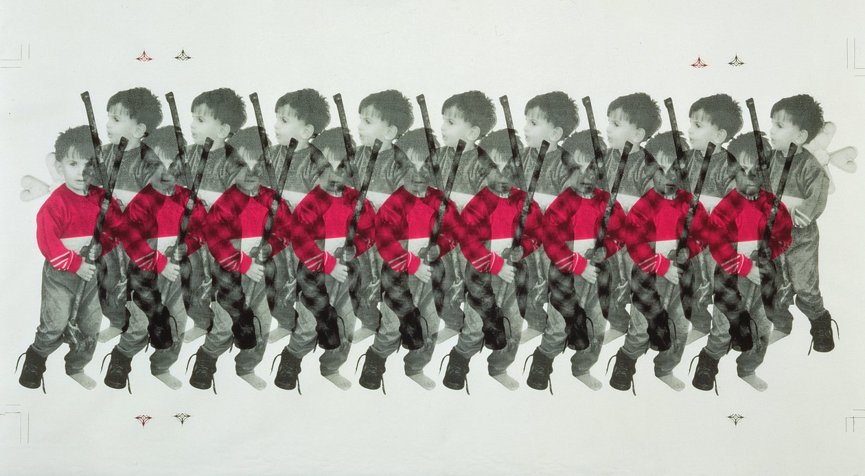 Boy Soldiers, 1996 (serigrafia sobre algodão) de Laila Shawa