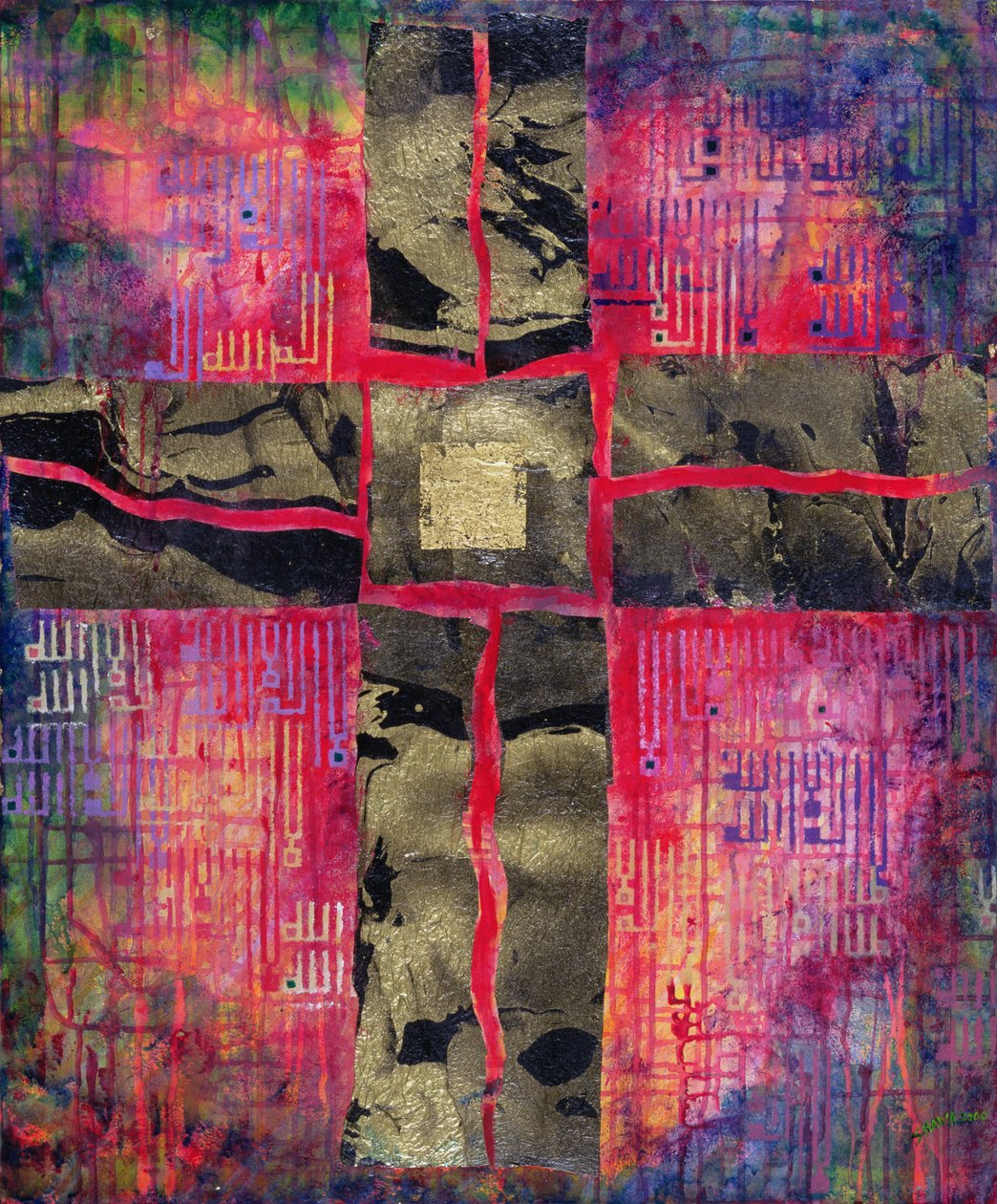 Divided Cross, 2000 (acrílico e folha de ouro sobre tela) de Laila Shawa