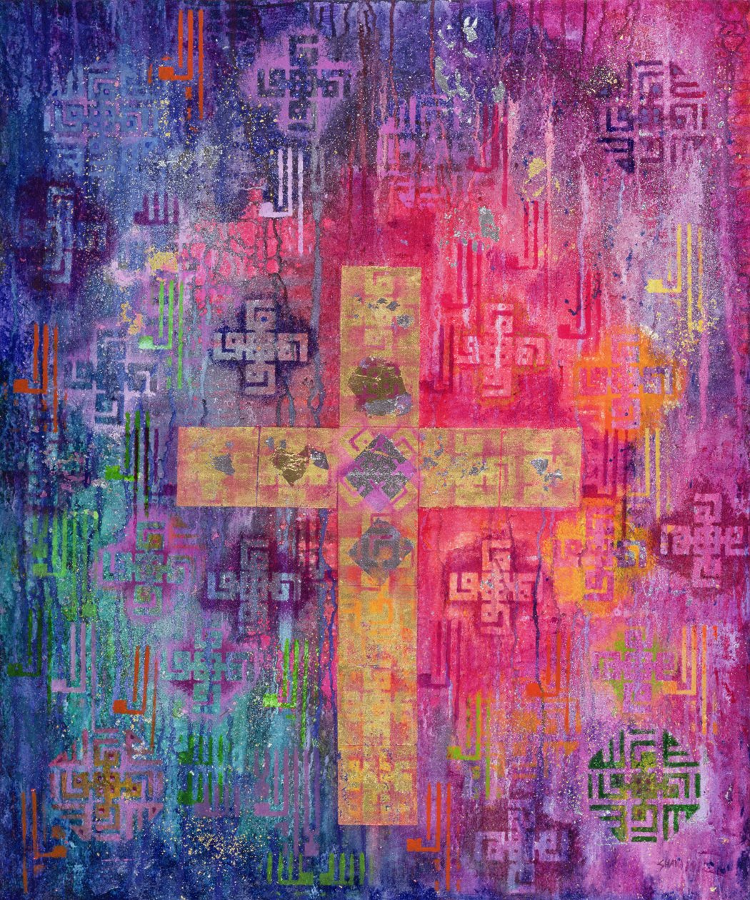 Eastern Cross, 2000 (acrílico e folha de ouro sobre tela) de Laila Shawa