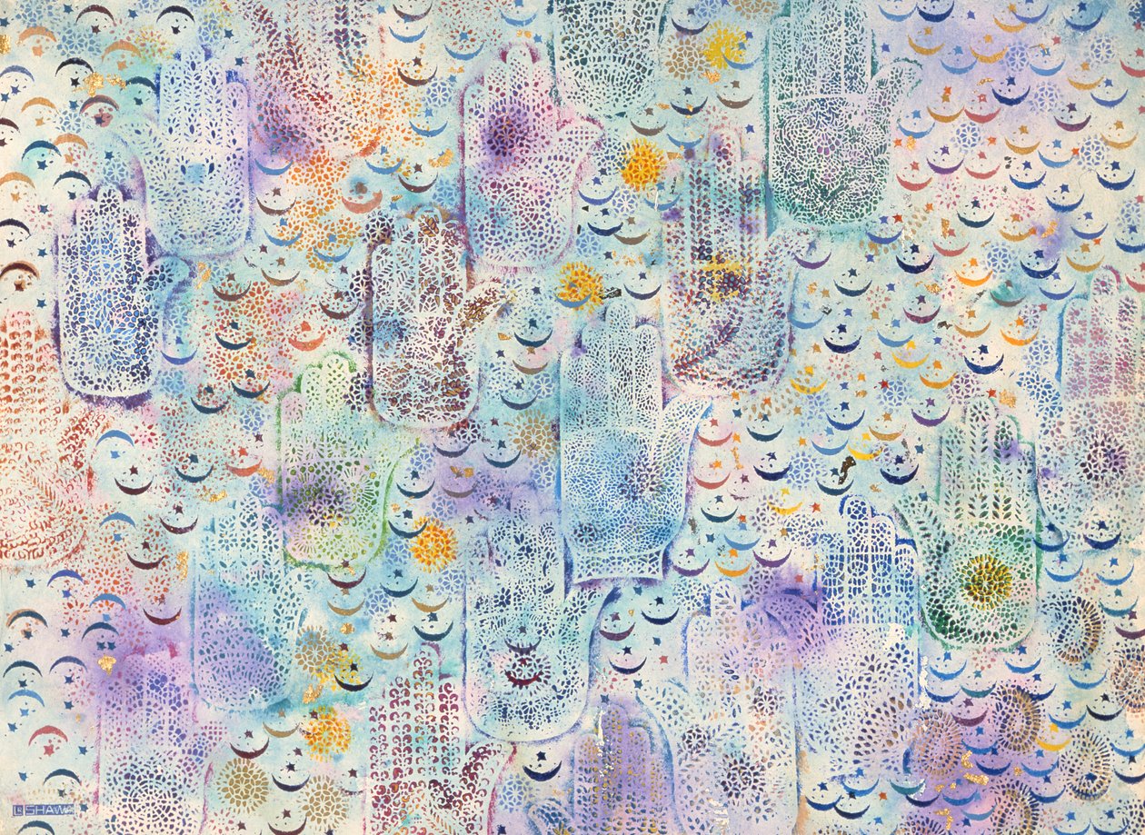 Mãos de Fátima, 1999 (acrílico e pigmento dourado sobre papel) de Laila Shawa