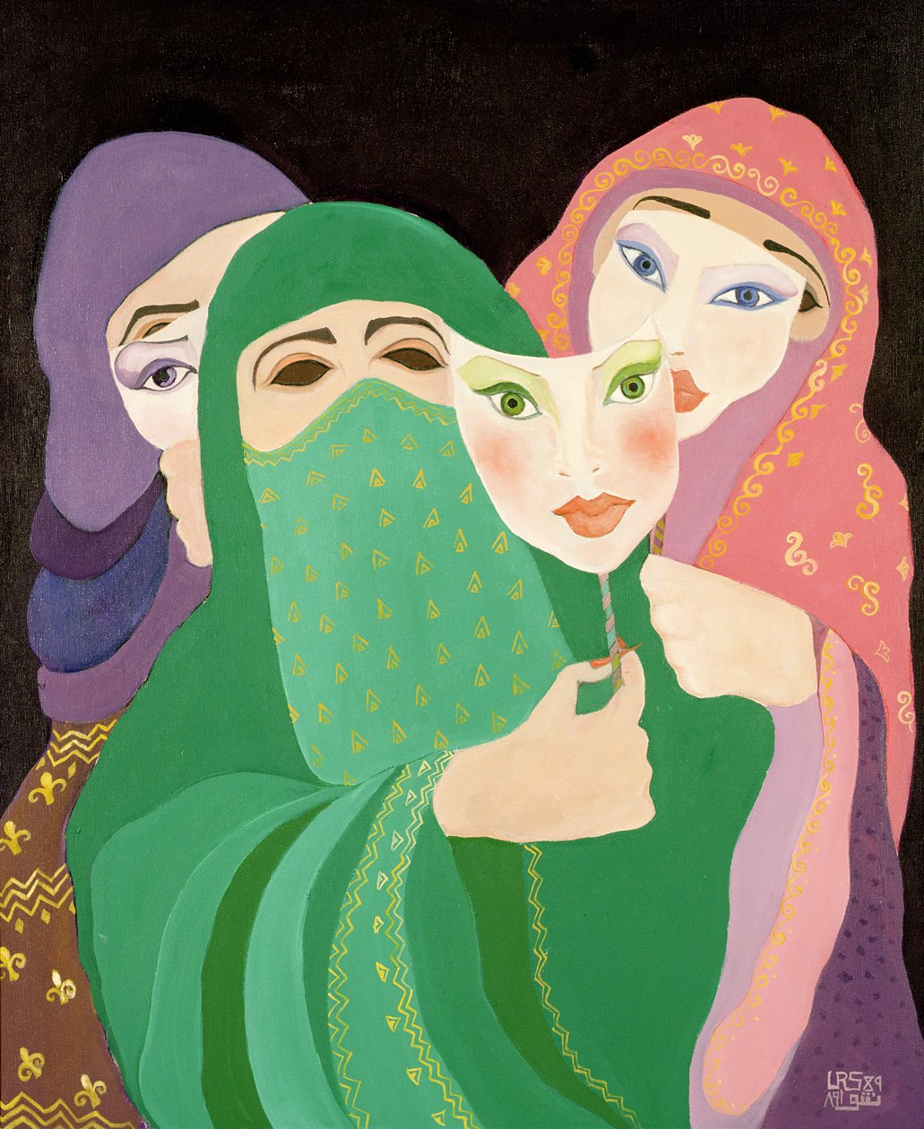 Máscaras, 1989 (acrílico sobre tela) de Laila Shawa