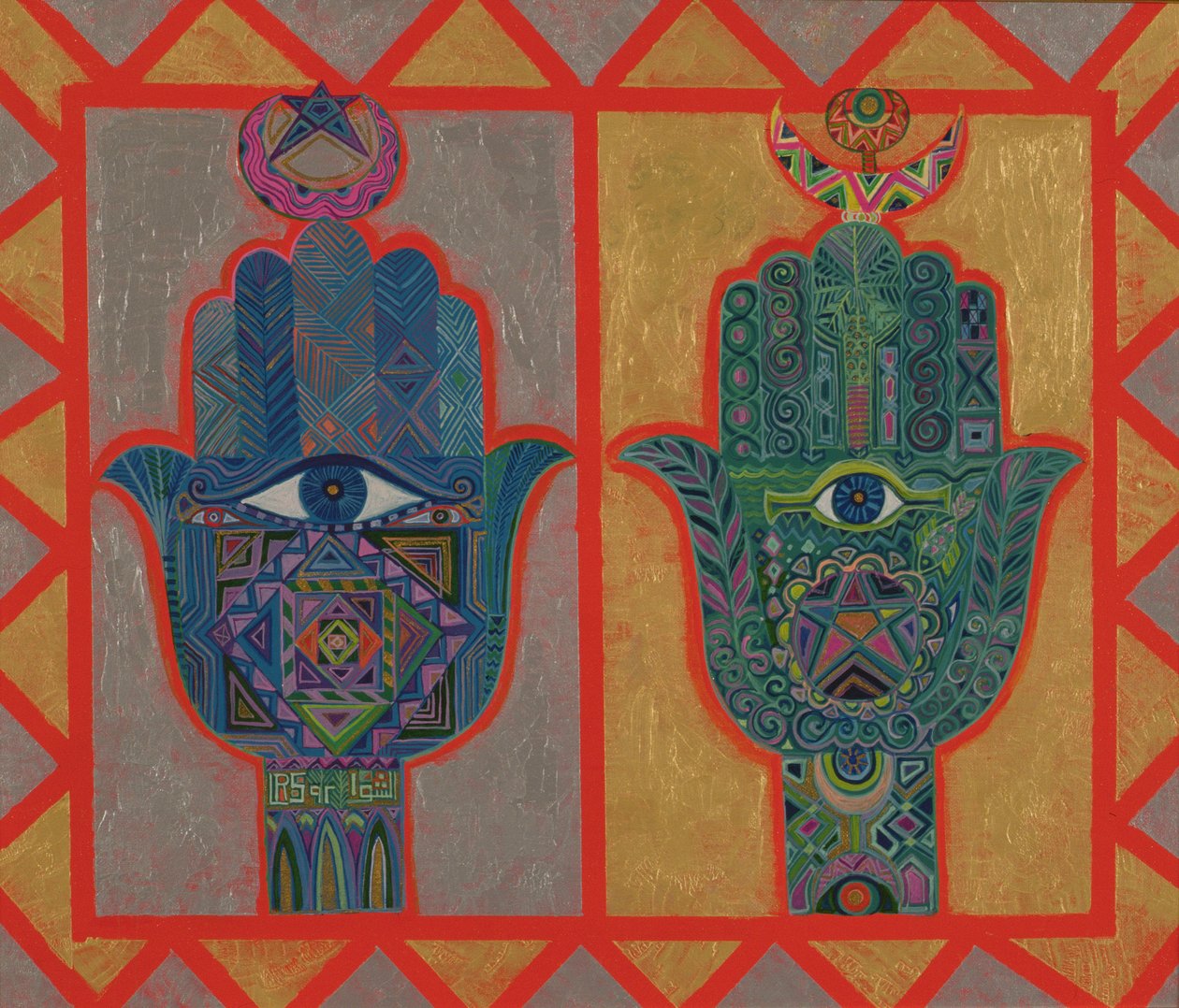 Mãos de Proteção, 1992 (acrílico a bordo) de Laila Shawa