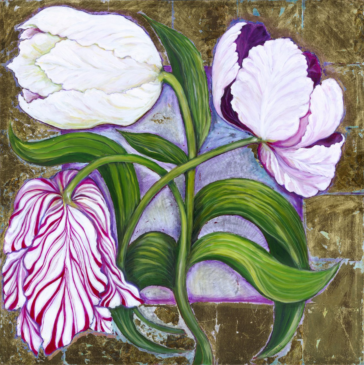 Tulipas, 2004 (acrílico e folha de metal sobre tela) de Laila Shawa