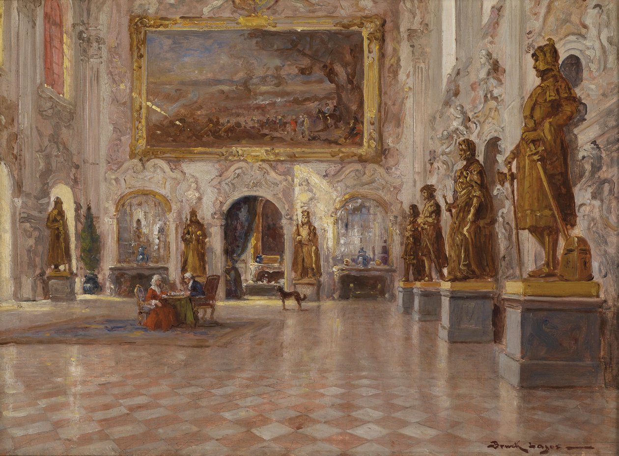 O grande salão no Palácio Schleißheim, com uma das duas pinturas colossais de Franz Joachim Beich de Lajos Bruck