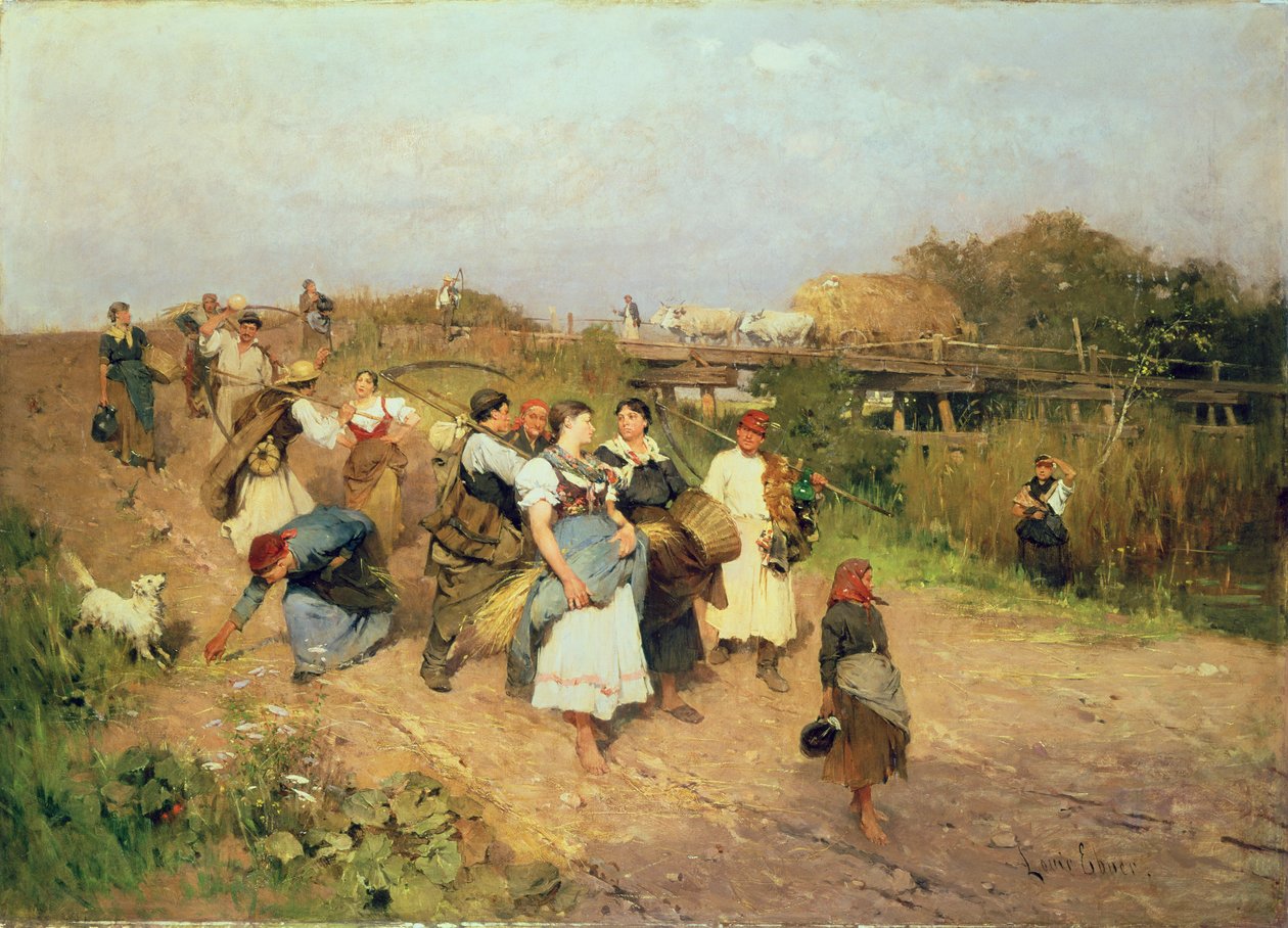 Colheitadeiras em seu caminho para casa, 1881 de Lajos Deak Ebner