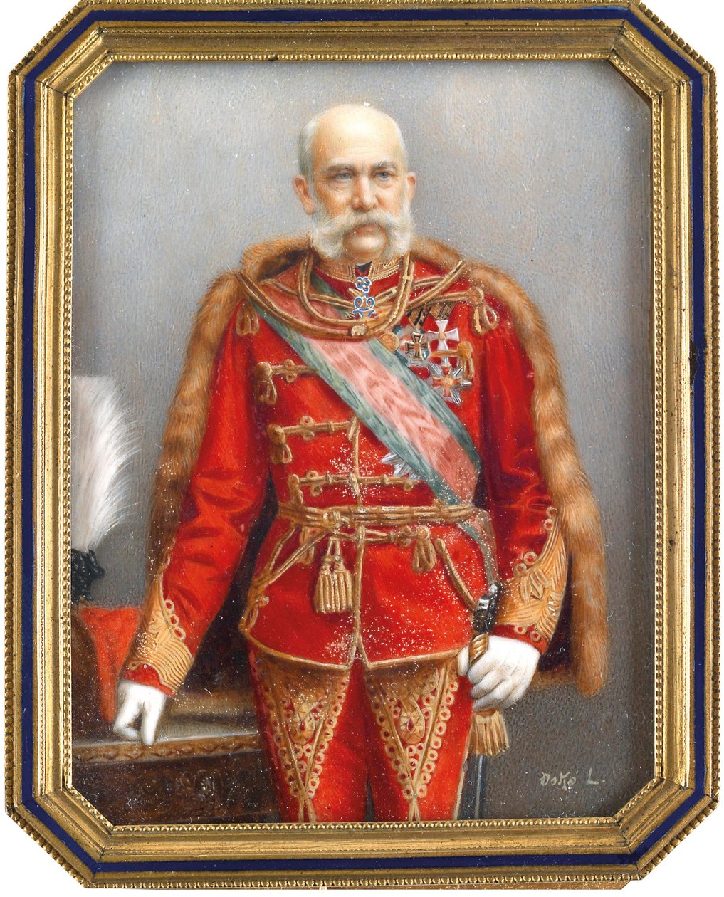 Retrato de François Joseph I da Áustria (1830-1916), em uniforme húngaro. Obra de Lajos Osko (1865-1922), aquarela e guache sobre chifre. Arte húngara, arte acadêmica. Coleção privada. de Lajos Osko