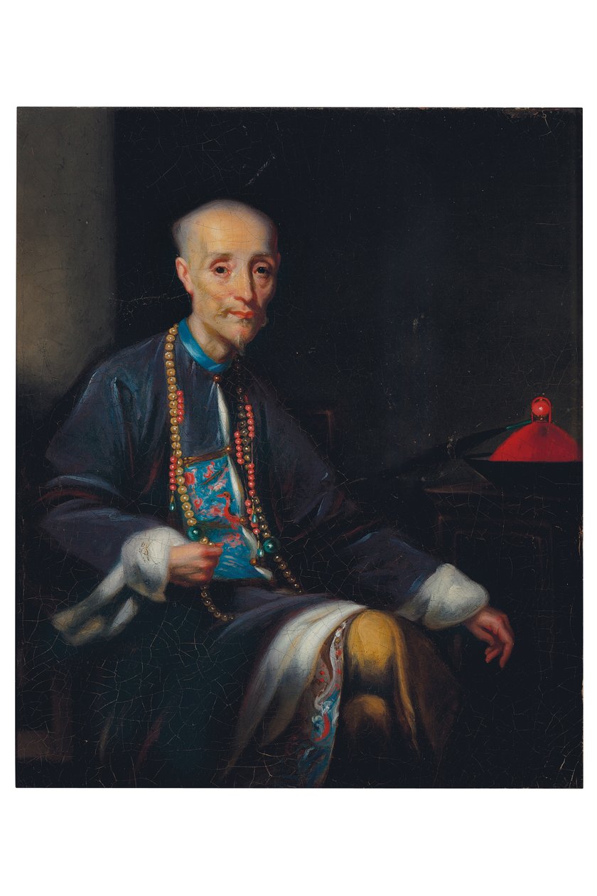 Retrato de Houqua, com três quartos de comprimento, sentado, num interior (óleo sobre tela) de Lam Qua (attr. to)