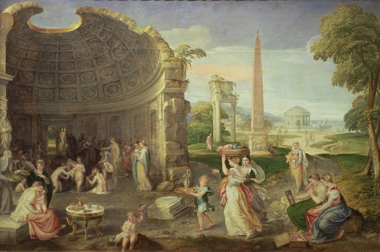 Paisagem com ruínas clássicas e mulheres tomando banho, c.1552-53 de Lambert Sustris