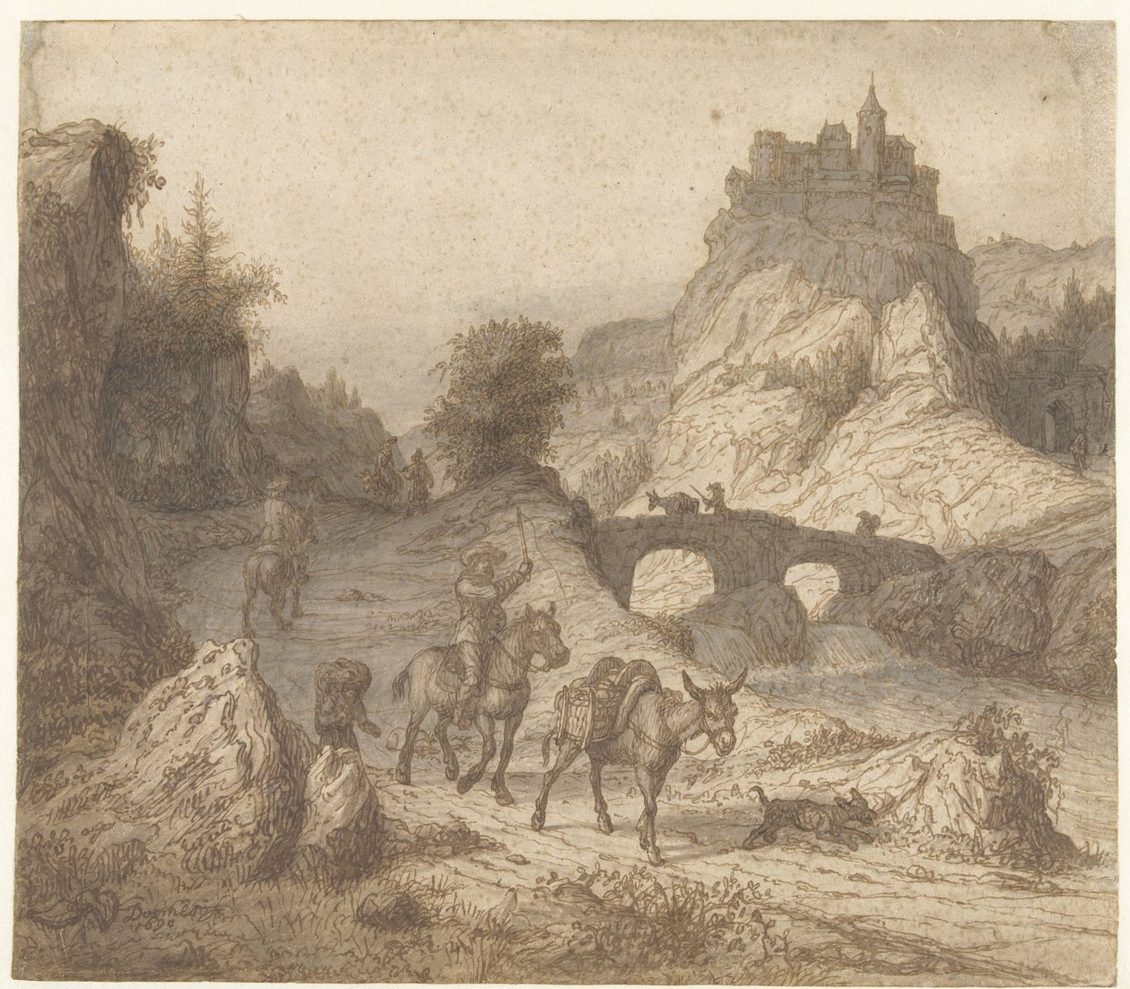 Paisagem de montanha com castelo e figuras de Lambert Doomer
