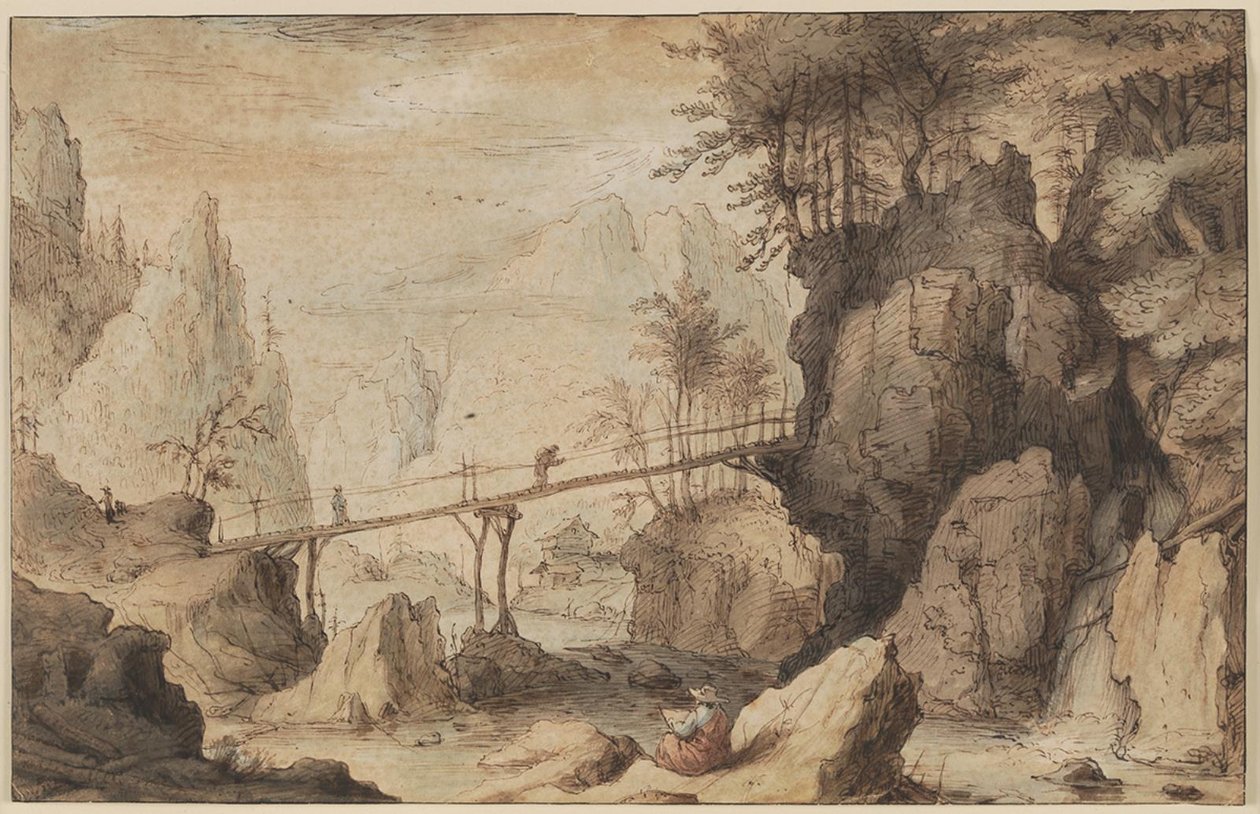 Desenhador em uma pedra antes de uma ponte de Lambert Doomer