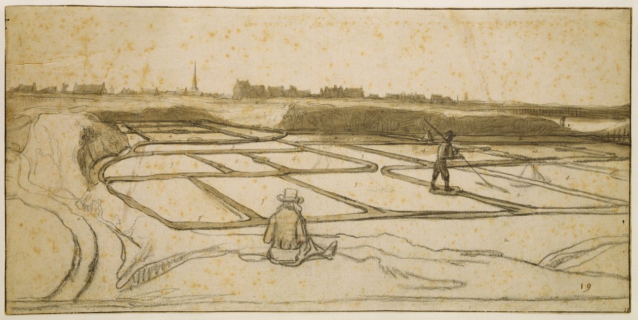 Mineração de sal em Le Croisic, 1645 (giz, caneta e pincel sobre papel) de Lambert Doomer