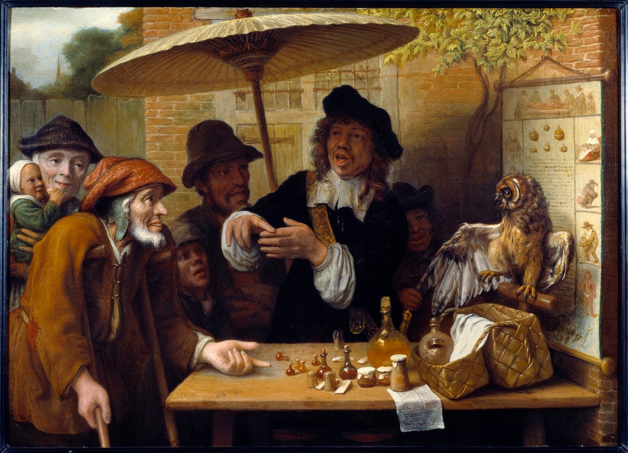 O charlatão. O viajante está debatendo boniments para vender drogas na praça pública. Pintura de Lambert Doomer (1623-1700) de Lambert Doomer