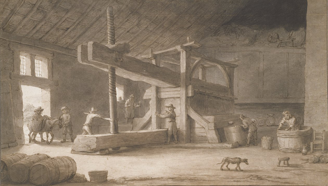 Winepress de Monsieur Dittyl, nos arredores de Nantes, c.1670 (caneta e tinta com papel) de Lambert Doomer