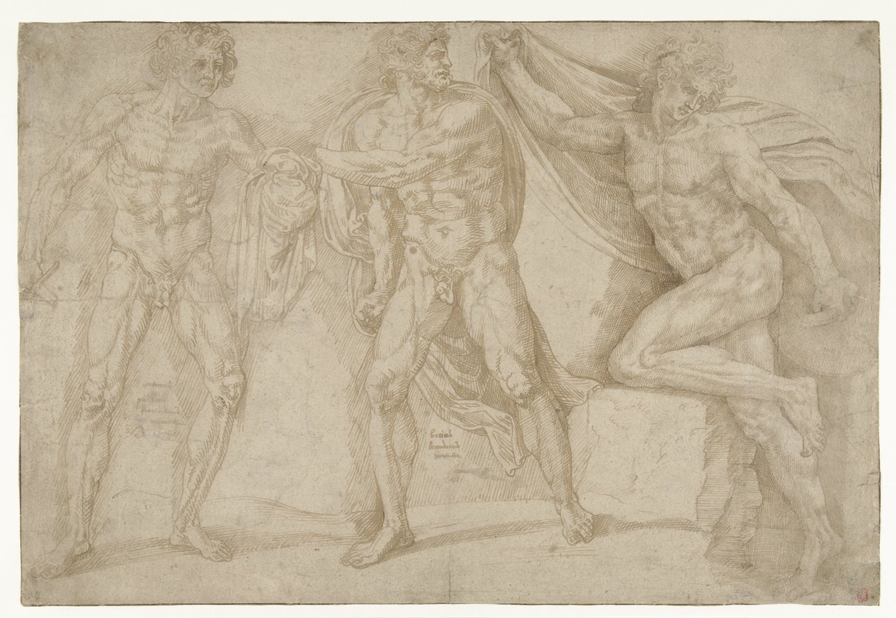 Três homens nus em poses diferentes de Lambert Lombard
