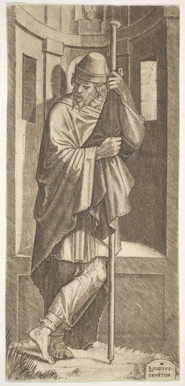 St. James Major apoiado em um poste diante de um nicho, a perna esquerda cruzada sobre a direita, de..., 1545. de Lambert Suavius