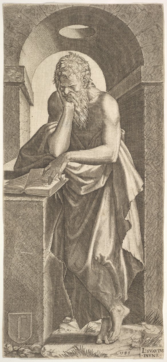 St. Simon em pé diante de um livro aberto com os dedos da mão esquerda pressionados no ..., 1545. de Lambert Suavius