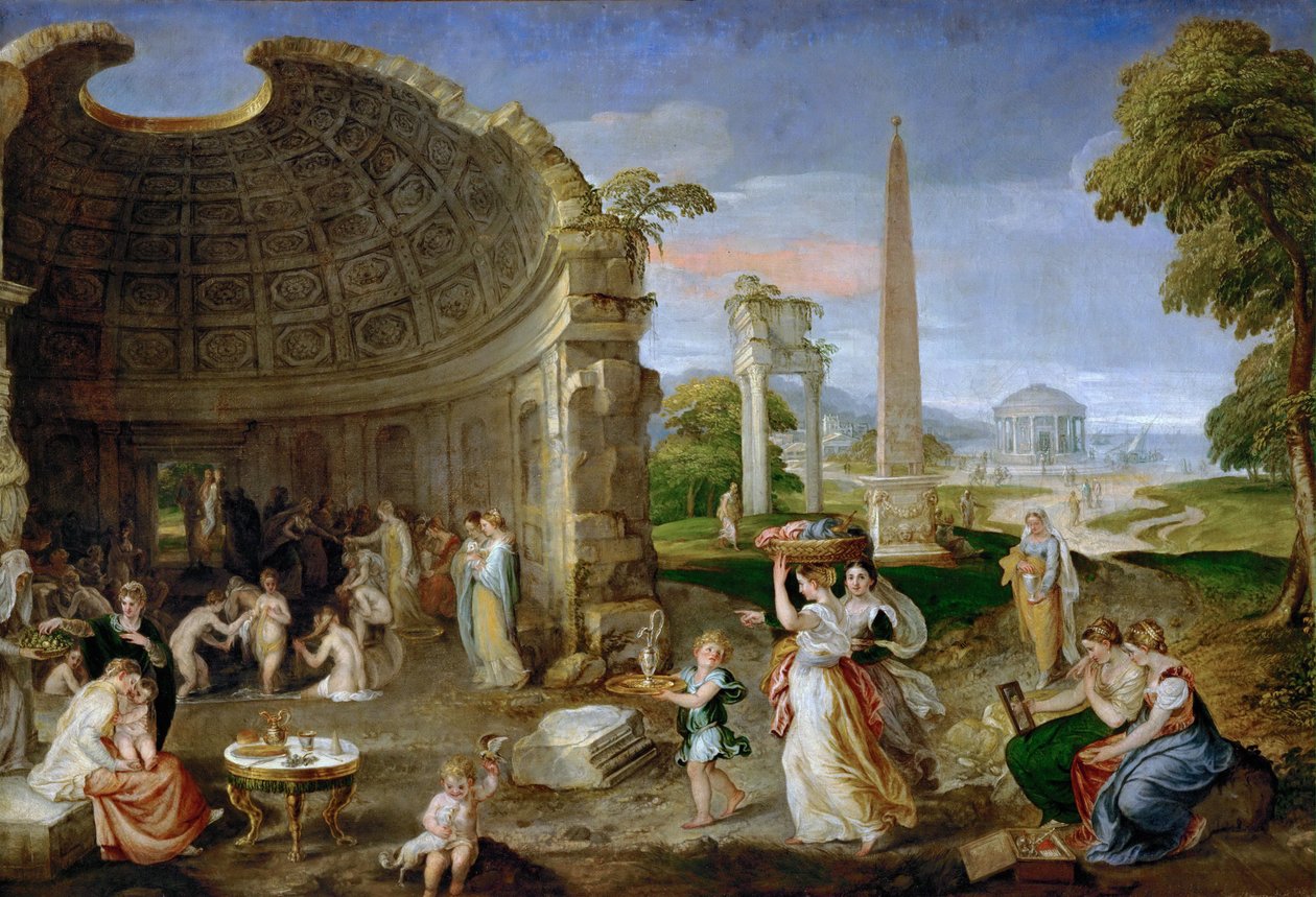 Paysage avec ruines antiques et femmes se baignant - Paisagem com ruínas antigas e mulheres de banho - Lambert Sustris (Alberto de Olanda) (1515/20-após 1591). Óleo sobre tela, ca. 1552-1553. Dimensão : 101x150 cm. Museu de História de Arte, Vienne de Lambert Sustris