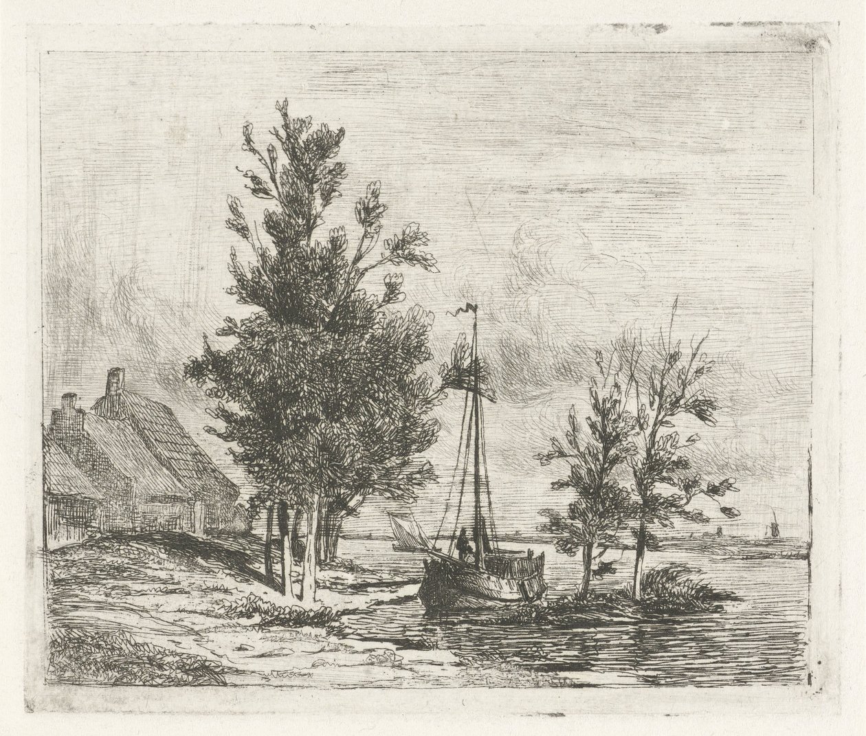 Paisagem fluvial com barco à vela e casa de campo de Lambertus  Hardenberg