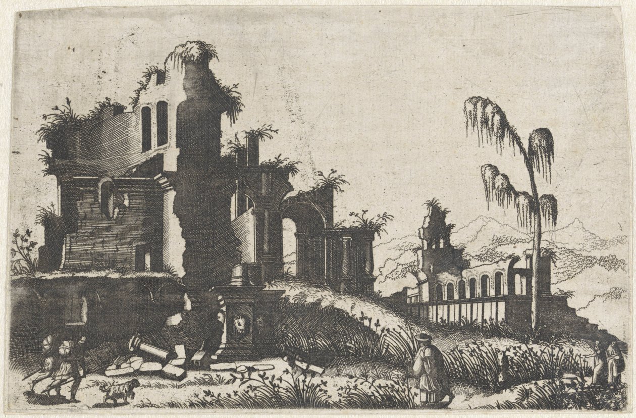 Paisagem com ruínas e viajantes em sobrecrescimento
Ruinarum variarum fabricarum delineationes pictoribus caeterisque id genus artificibus multum utiles (título da série) de Lambertus Suavius