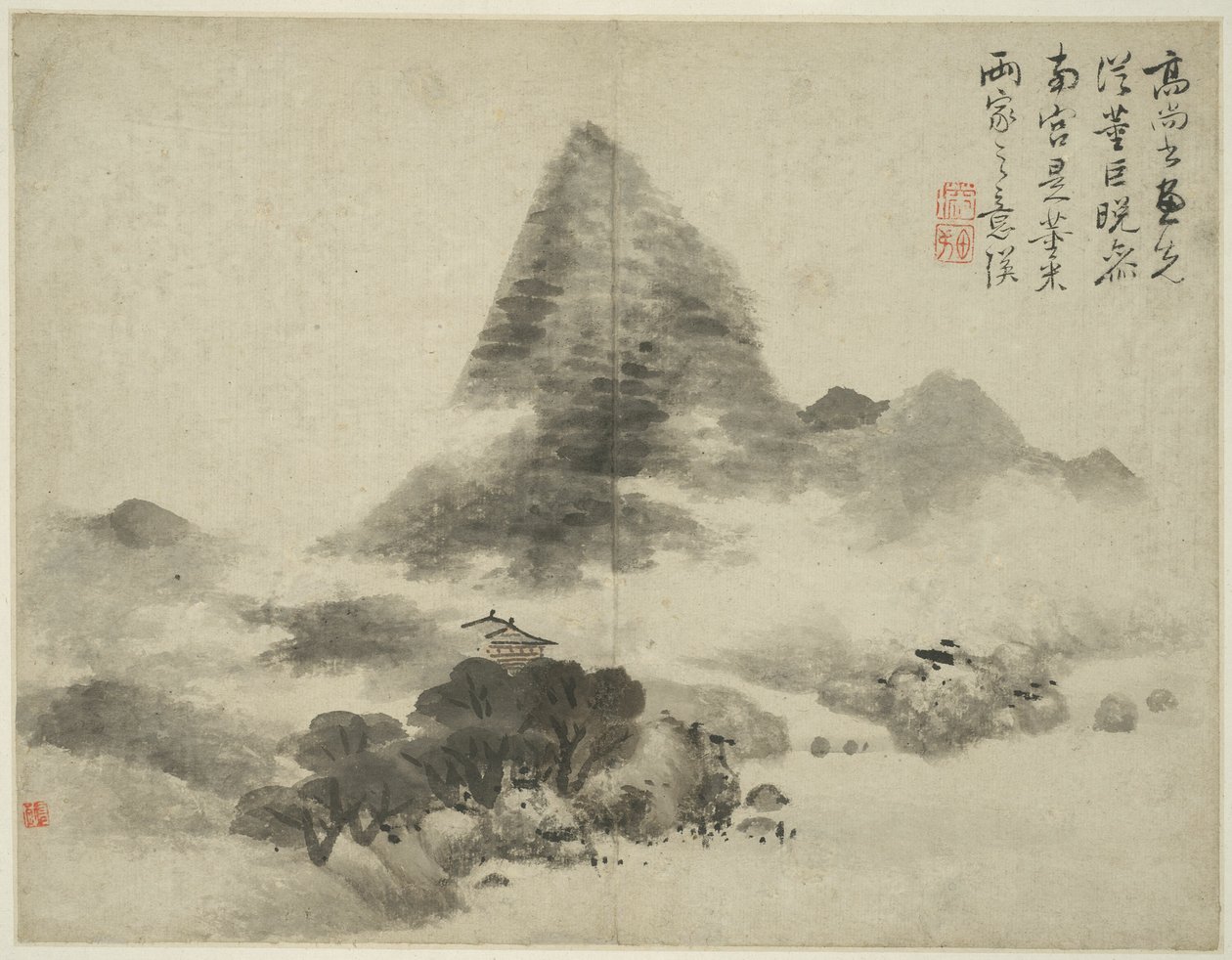 Paisagem no estilo dos antigos mestres: depois de Gao Shangshu, seguindo Dong Yuan (ativo 937-975) e Ju Ran, e mais tarde no estilo de Mi Fu (1051_-1107) de Lan Ying
