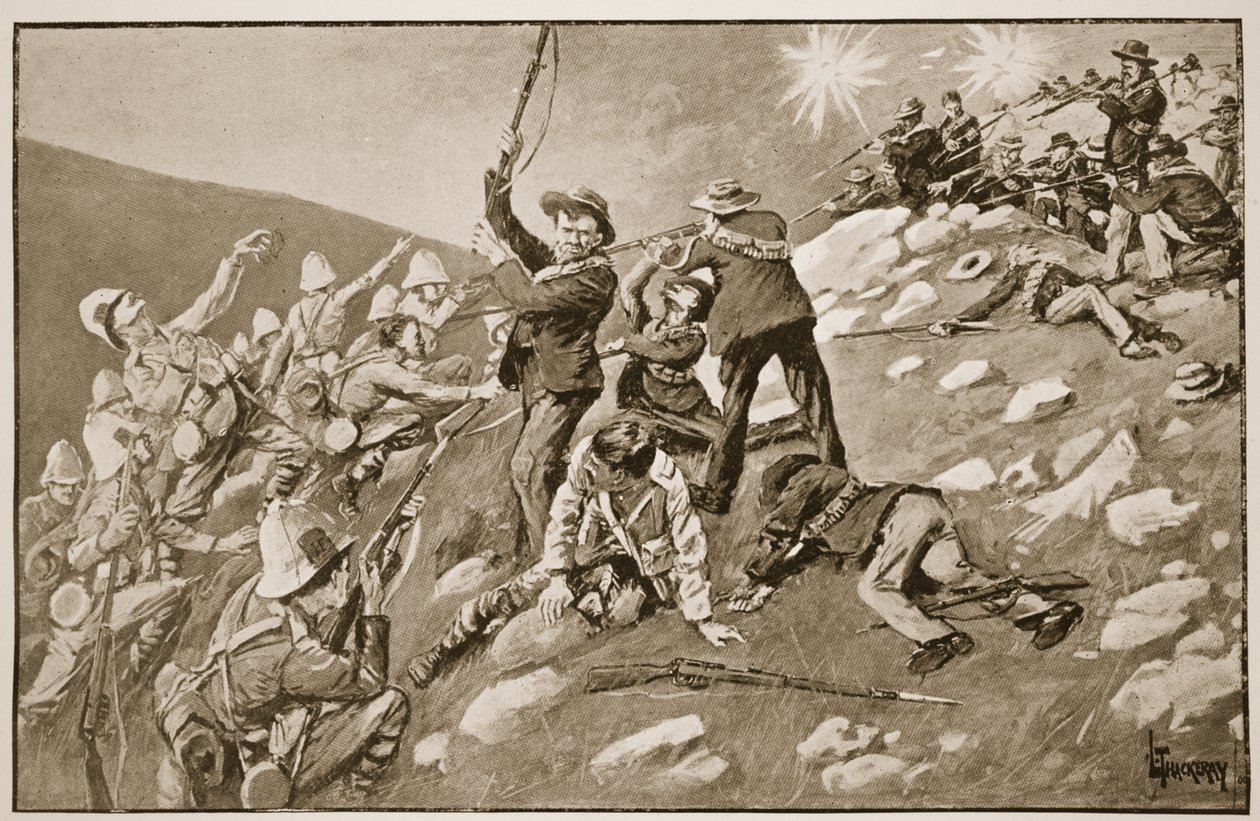 A acusação dos Inniskillings: a Batalha de Pieter Hill, ilustração de "Battles of the 19th Century", vol. VI: A Guerra dos Bôeres de 1899-1900 &39;por Archibald Forbes, GA Henty e Major Arthur de Lance Thackeray