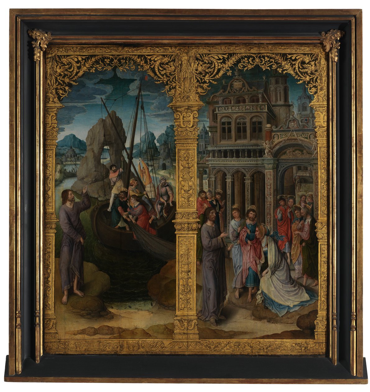 O Chamado de Pedro e a Cura de Hemorroissa (óleo sobre painel) de Lancelot (school of) Blondeel
