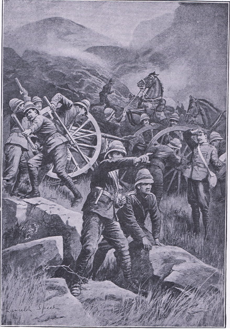 Uma arma derrubada em uma encosta, de After Pretoria: The War Guerilla publicado pela Harmsworth Bros Limited, 1901 de Lancelot Speed