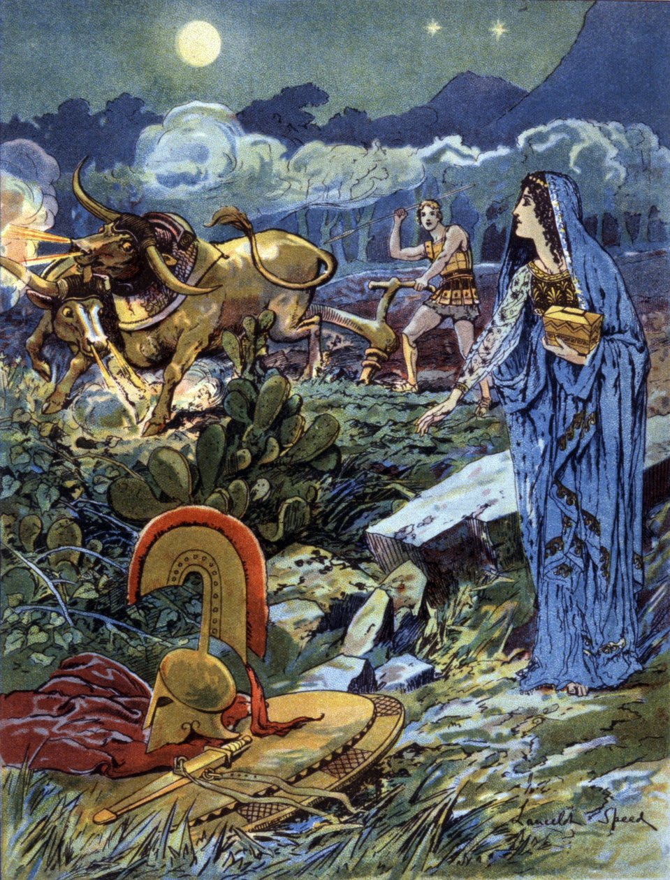 Jason, ajudado por Medea lavrando campos de Marte, c. 1900 (ilustração) de Lancelot Speed
