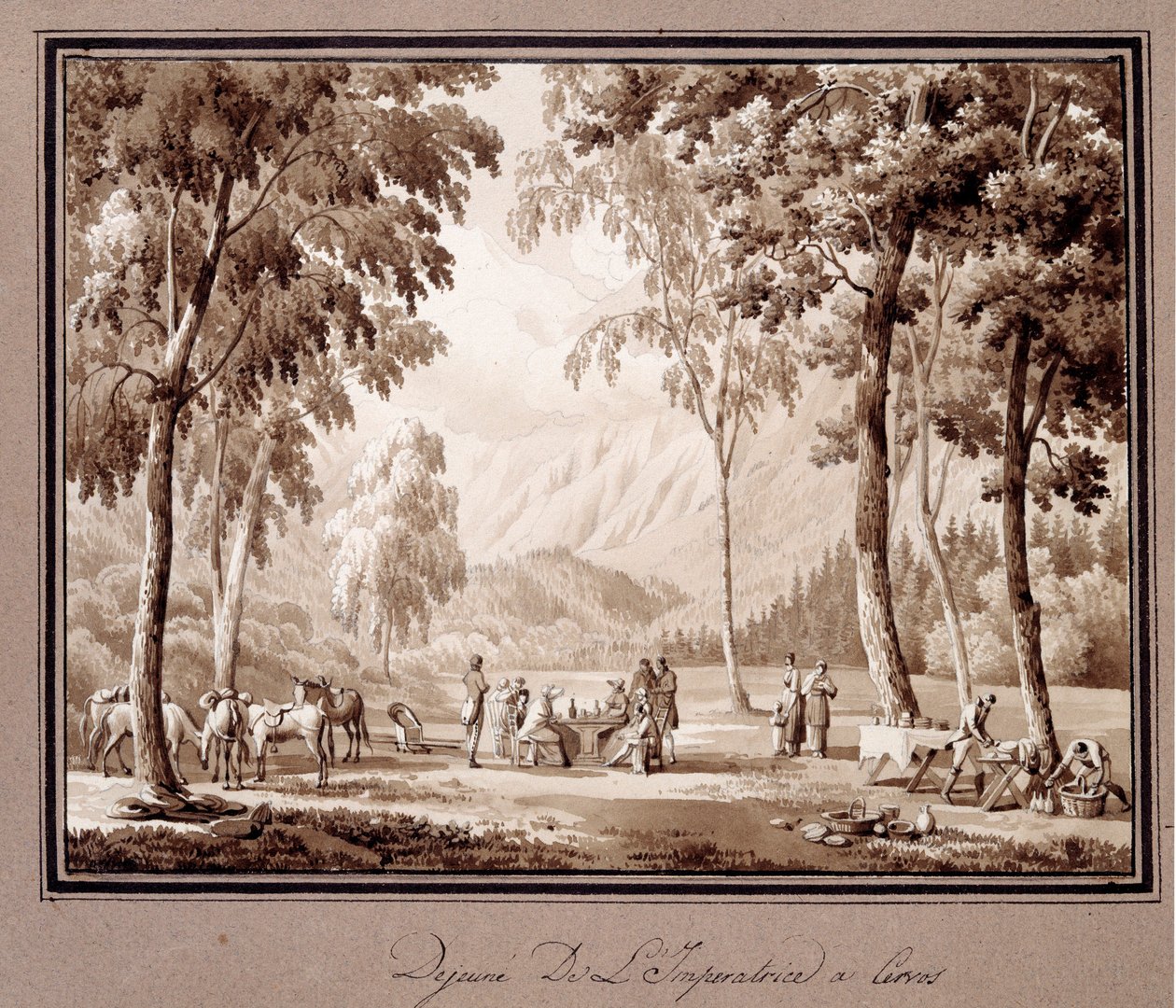 Café da manhã do Impress Josephine de Beauharnais em Cervos, em 1810. Desenho de Theodore Turpin De Crisse (1782-1859) de Lancelot Théodore Turpin de Crissé de Crissé