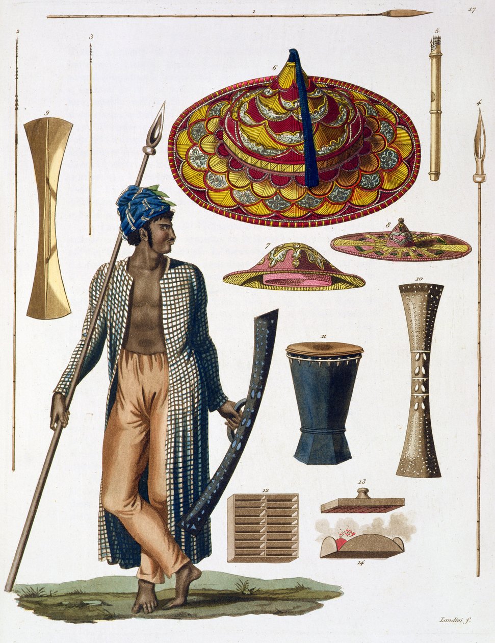 Guerreiro da Ilha de Guebe com peças de Native Apparel, prato 17 de &39;Le Costume Ancien et Moderne&39; de Jules Ferrario, publicado c.1820s-30s de Landini