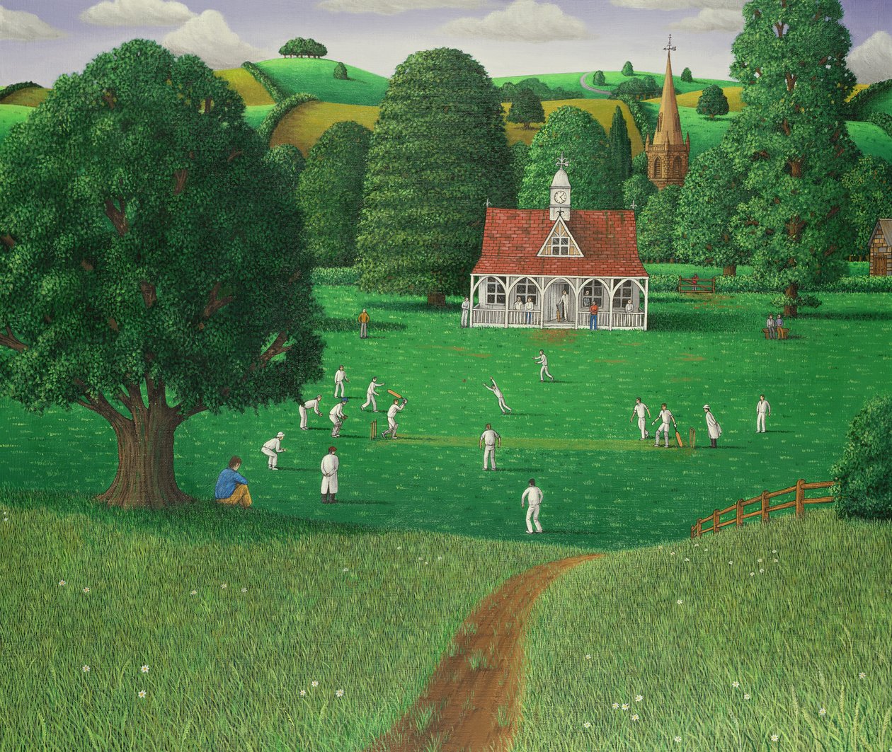 Jogo de críquete em St. Marys Grange, Wilts, 1986 (acrílico sobre linho) de Larry Smart